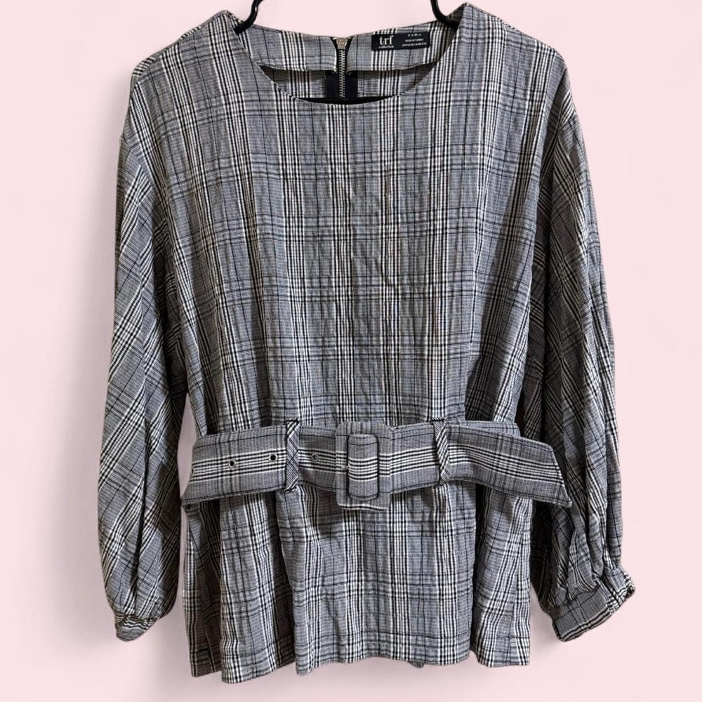 Zara Black & White Plaid Blouse with Belt and Back Zipper Closure